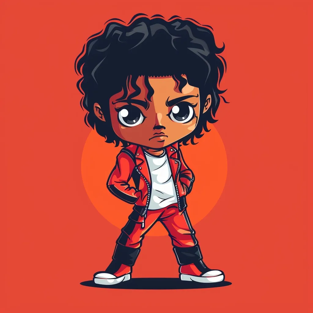 A cartoon illustration of a young Michael Jackson in a red leather jacket and matching pants. He stands with a serious expression, his hands in his pockets, and his iconic curly hair. The background is a simple orange. The illustration captures the pop star's signature style and attitude.