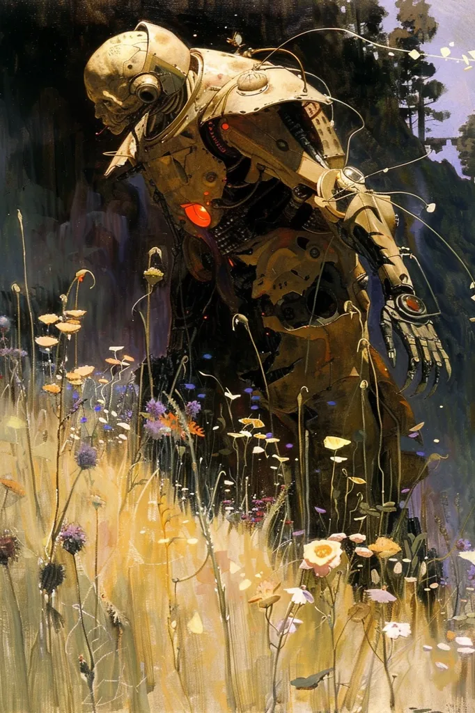 A weathered, skeletal robot stands amongst tall, yellowed grasses and wildflowers. Its metallic body is rusted and chipped, revealing intricate wiring and mechanical parts. The robot's head is a helmet with a skeletal skull-like faceplate, giving it an eerie, almost haunting appearance. The soft light illuminates the scene, casting long shadows and highlighting the contrast between the robot's decaying form and the vibrant life of the flowers. The scene evokes a sense of a forgotten future where nature has reclaimed what was once technology.