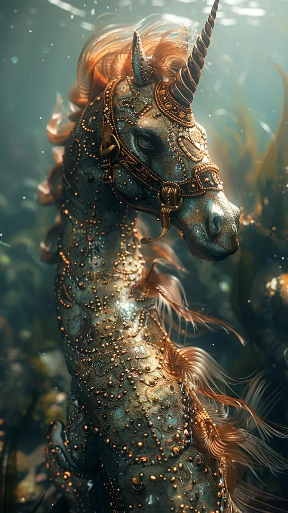 A majestic unicorn, adorned in shimmering gold and intricate patterns, stands amidst a watery background. Its long, flowing mane and tail blend into the surrounding underwater foliage, creating an ethereal and enchanting atmosphere. The unicorn's single, spiraled horn glistens in the light, emphasizing its mythical charm.  A subtle, dreamy quality pervades the image, making it a captivating scene.