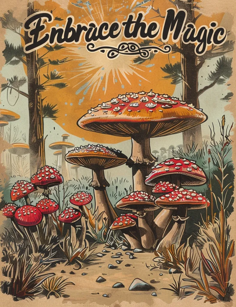 The image depicts a whimsical forest scene with the words "Embrace the Magic" in a retro font at the top. The scene is filled with various types of mushrooms, some large and some small, with bright red caps and white spots. The forest is depicted with tall trees and a sun shining through the canopy, casting a golden glow. The overall feel of the image is magical and enchanting, suggesting a playful and imaginative world.
