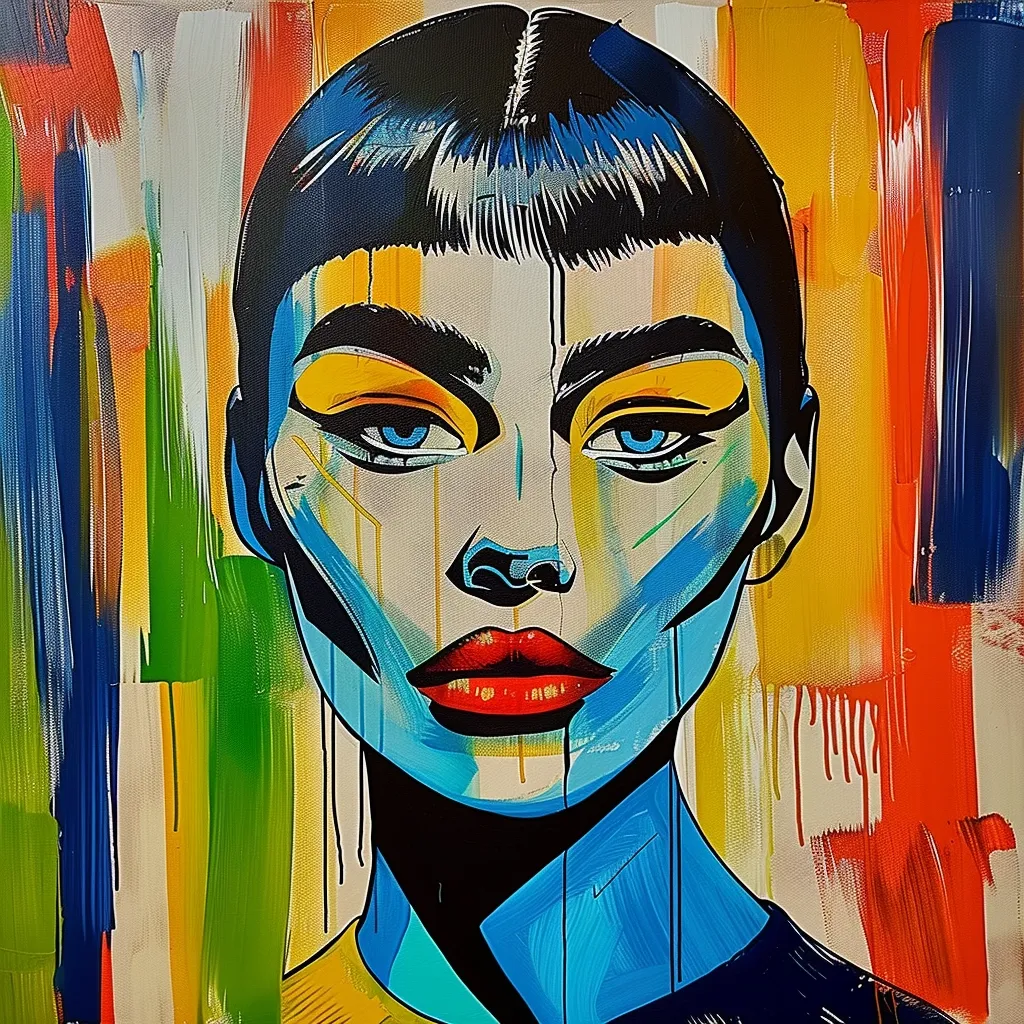 The painting features a close-up portrait of a woman with bold makeup and a striking expression. Her face is painted in vibrant colors against a background of colorful, abstract brushstrokes.  The woman's  dark hair frames her face, and her eyes, outlined in yellow, gaze intensely at the viewer. The use of bold, contrasting colors and dynamic brushstrokes creates a sense of energy and intensity, drawing the viewer into the woman's gaze.