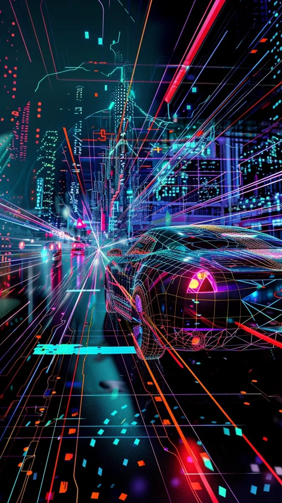 The image shows a futuristic city street illuminated by neon lights. A car made up of neon lines speeds down the road, leaving a trail of light behind it. The city's skyscrapers are visible in the background, and a grid-like pattern overlaying everything. The image creates a sense of speed, energy, and technological advancement.