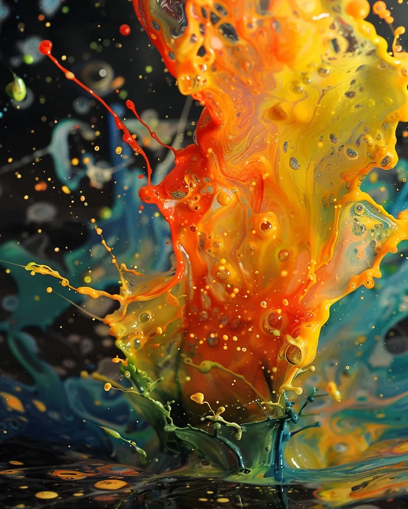 A vibrant explosion of color, seemingly frozen in time, dominates the image. The dominant colors are orange, yellow, and green, creating a striking contrast against the dark background. The paint appears to have splashed upwards, forming intricate patterns and textures, creating a sense of dynamism and energy. Tiny droplets of color scatter throughout the composition, adding to the overall impression of a chaotic yet beautiful spectacle.