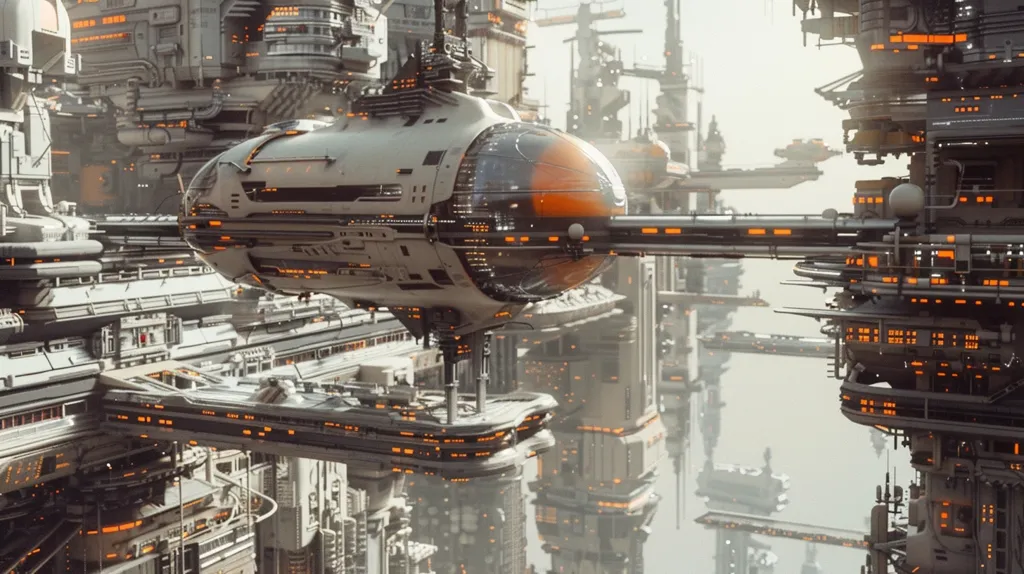 A futuristic cityscape with a large, white spaceship docked at a station. The spaceship has a long, narrow body and a rounded nose, with an orange stripe running along the side. The station is made of metal and glass, and has many levels and walkways. The cityscape is hazy and distant, suggesting a vast, alien landscape.