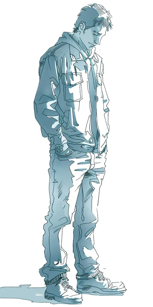 The image is a line drawing of a young man in a jacket and jeans. He is standing with his head slightly down, and his expression is pensive. The drawing is done in shades of blue and white, and the lines are bold and confident. The man's clothing is casual and comfortable, and he appears to be a teenager or young adult. The overall tone of the drawing is quiet and introspective.