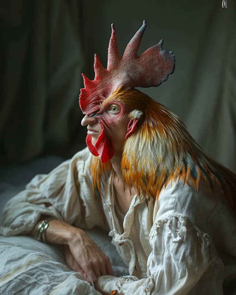 A person wearing a realistic rooster mask lies on a bed, their white shirt partially unbuttoned, revealing a glimpse of their skin. The mask covers most of their face, leaving only their chin and neck exposed. The rooster's comb, wattles, and feathers are meticulously crafted, giving the illusion of a live bird. The image evokes a sense of surrealism and whimsy, suggesting a playful exploration of identity and transformation.