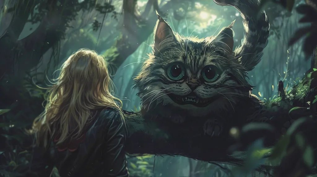 A young woman with long blonde hair stands in a dark, lush forest, seemingly unaware of the giant, grinning Cheshire Cat perched on a branch behind her. The cat's bright blue eyes stare directly at the viewer, creating a sense of mystery and unease. The scene is bathed in an ethereal green light, emphasizing the otherworldly nature of the encounter.