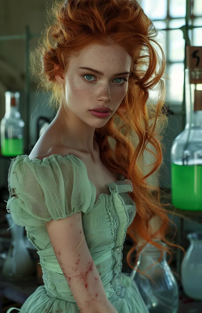 A young woman with long, fiery red hair looks intensely at the camera. She is wearing a pale green, ruffled dress and has freckles across her nose. Her arm is covered in red scratch marks and her expression is serious. The background is out of focus, with large glass bottles filled with a green liquid visible.  The image has a slightly eerie, mysterious feel.