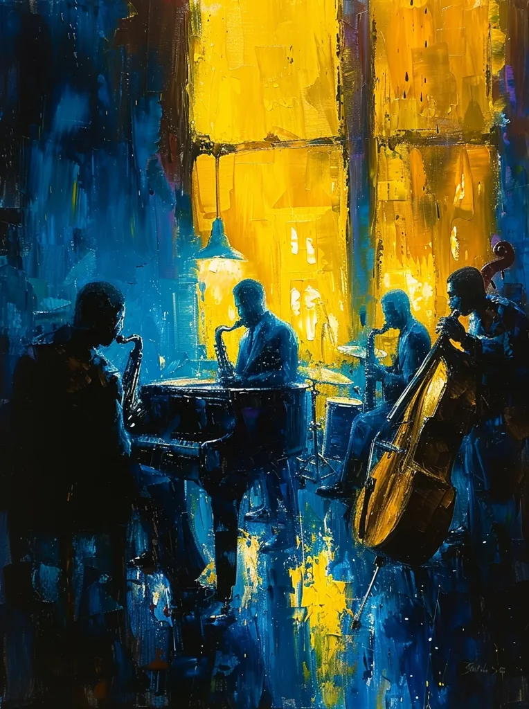 A vibrant oil painting depicts a jazz band playing in a dimly lit room with a large window overlooking a brightly lit cityscape.  The musicians are silhouetted against the yellow light, their instruments gleaming. The painting captures the energy and excitement of a live jazz performance. The brushstrokes are bold and expressive, giving the painting a sense of movement and improvisation. The colors are rich and saturated, creating a dynamic and engaging composition.