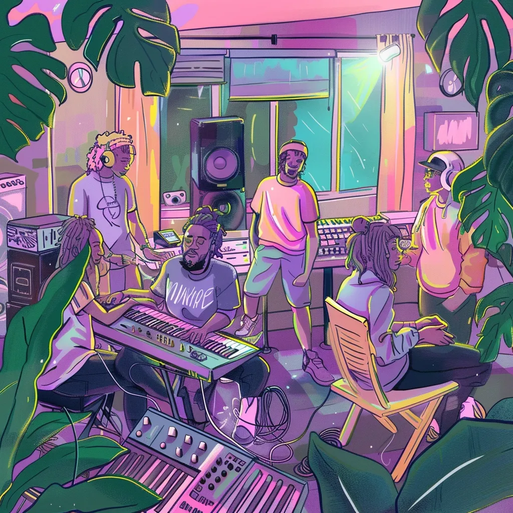The illustration depicts a recording studio filled with music equipment and four people. A man plays a keyboard, another man stands near a large speaker, and a woman sits in a chair, seemingly listening to music. The studio has a vibrant, colorful aesthetic with hints of purple and pink. The scene is framed by lush green leaves.