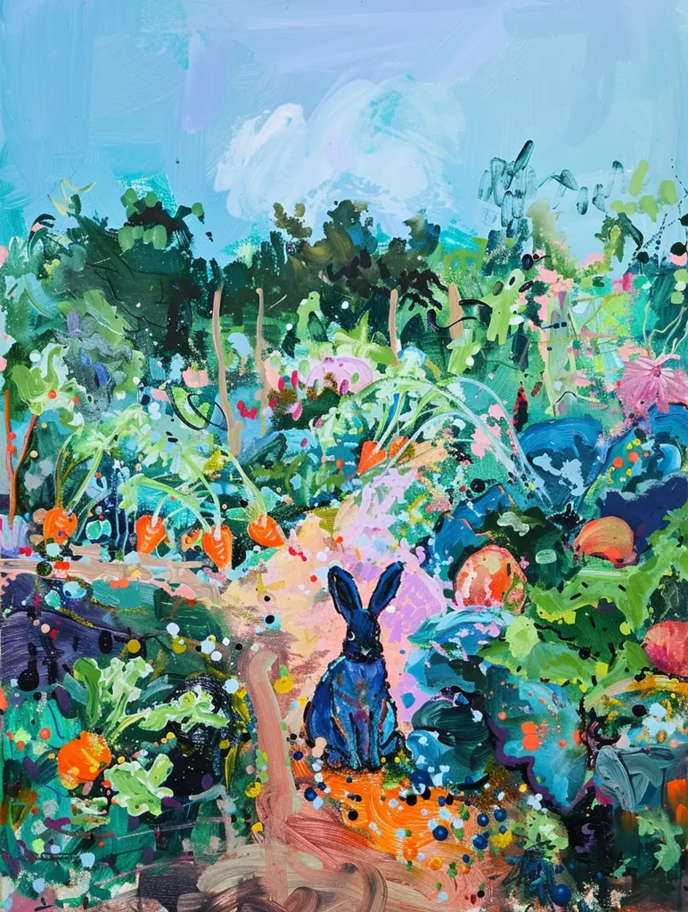 A blue rabbit sits in the middle of a vibrantly colored garden scene. The painting is full of greens, oranges, pinks, and blues, suggesting a whimsical, almost magical, setting. The rabbit seems to be a lone figure, surrounded by a lush and abundant environment.  The overall mood is one of joy and playful energy.