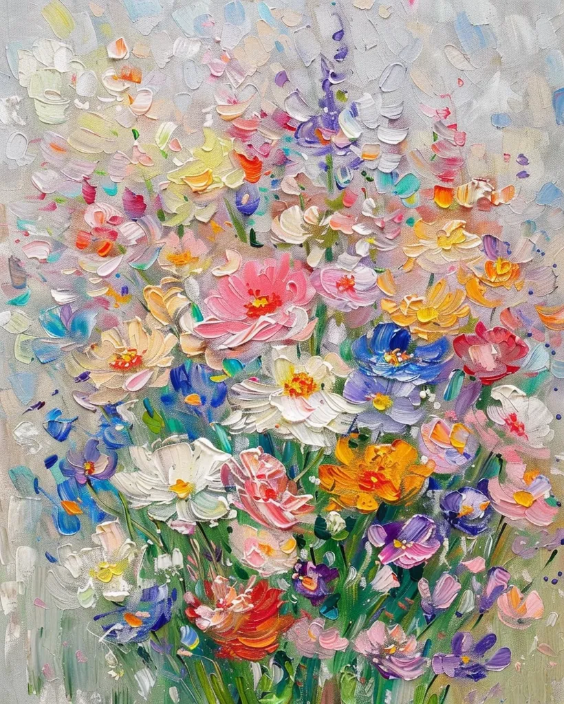 A vibrant and colorful oil painting depicts a bouquet of flowers in various shades of pink, purple, yellow, blue, and white. The flowers are painted with thick, textured strokes, giving the painting a three-dimensional effect. The background is a soft grey, which allows the flowers to stand out. The painting is full of life and energy, and it evokes a sense of joy and happiness.