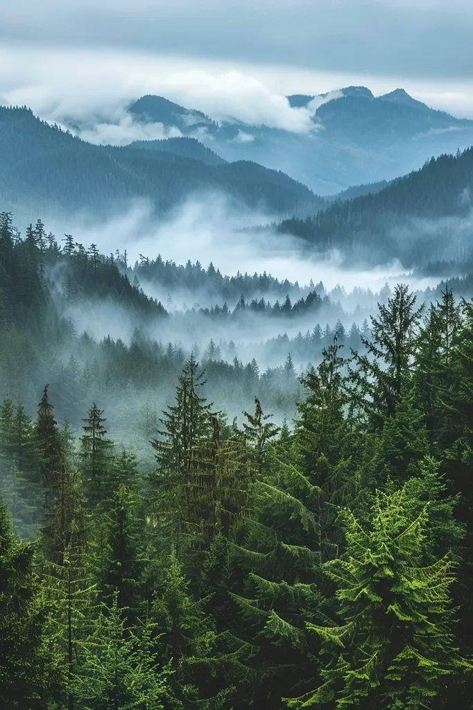 A misty, forested landscape stretches into the distance, with layers of pine trees obscuring the hills below.  Wispy clouds drift across the peaks, adding a sense of mystery and ethereal beauty to the scene. The lush green foliage and the soft, muted colors create a peaceful and serene atmosphere.