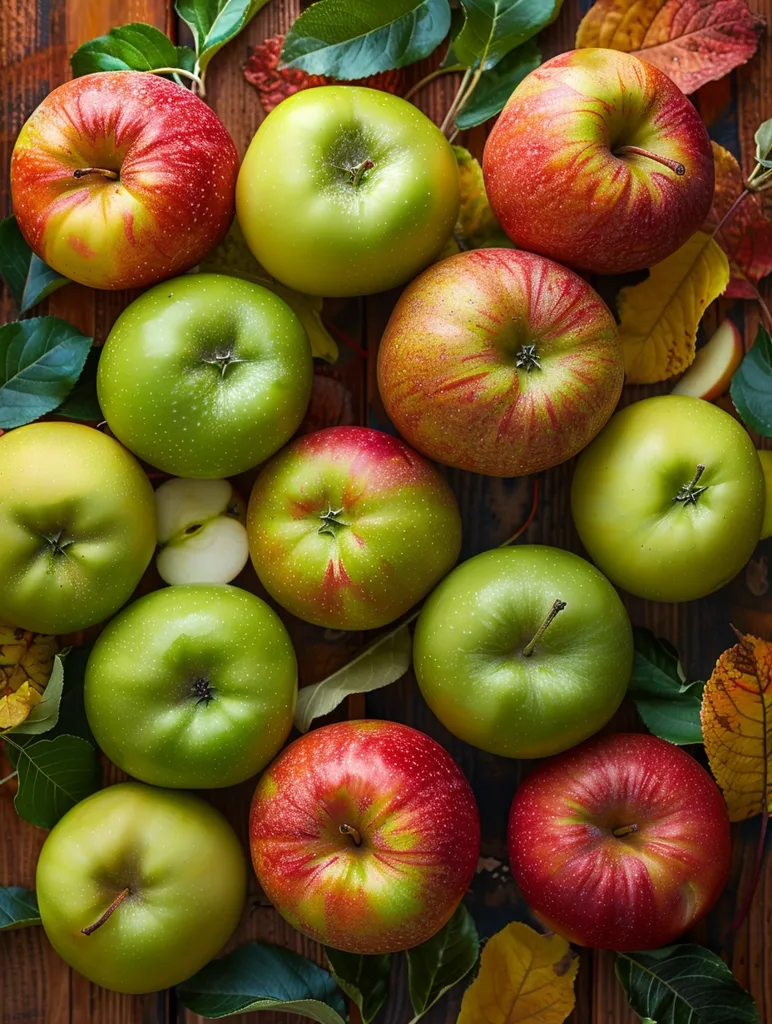 A collection of green and red apples, some with a hint of yellow, are arranged on a wooden surface with autumn leaves.  The apples are a mix of smooth and textured surfaces, showcasing a variety of textures and colors.  The leaves add a touch of nature to the arrangement, creating a vibrant and enticing display.