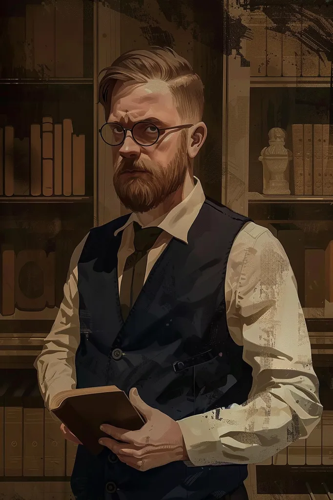 A man with a thick beard and glasses stands in a library, holding a book.  He wears a white shirt, dark vest, and a tie.  The shelves behind him are filled with books.  The room has a warm, brown tone.  The man's expression is serious.