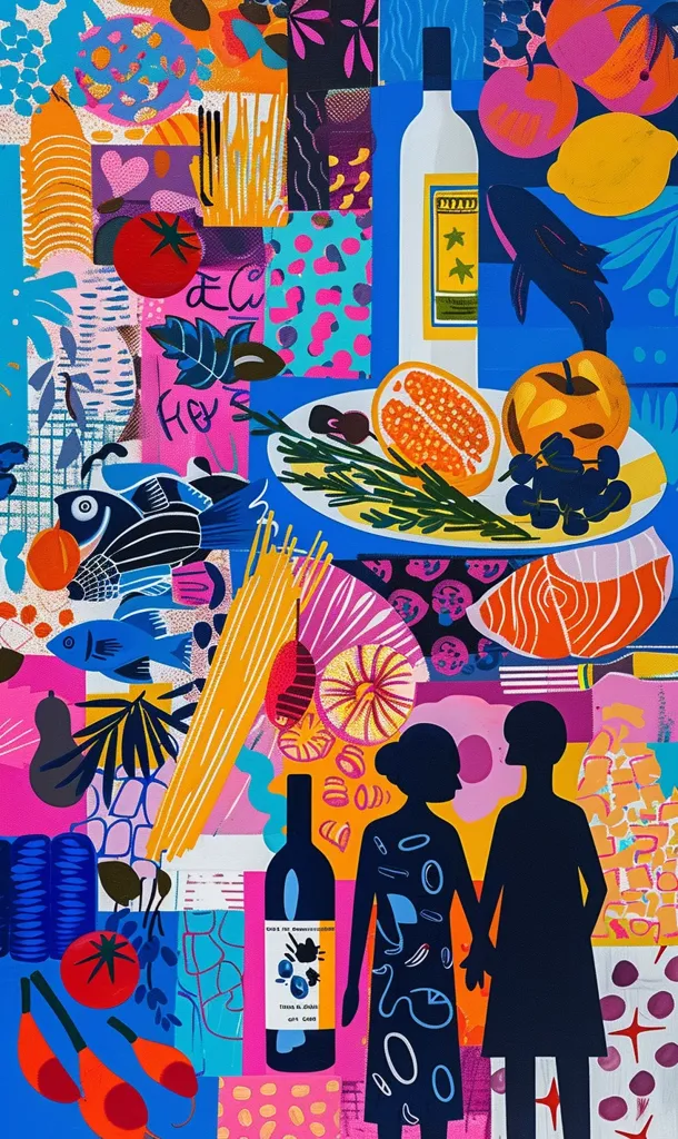 The image is a colorful collage of various food items, including fish, tomatoes, grapes, pomegranates, spaghetti, lemons, and wine bottles. It is a playful and vibrant representation of a meal, with the food items arranged in a seemingly random but visually appealing pattern. Two black silhouettes of people stand to the right, holding hands.  The overall effect is whimsical and fun.
