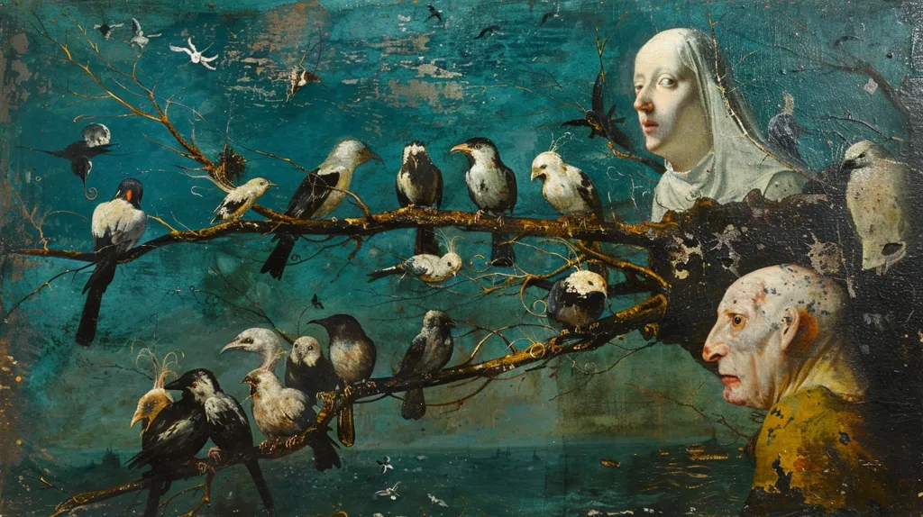 The painting depicts a surreal scene with a woman in a white veil, a bald man with a misshapen head, and a multitude of birds perched on a branch. The background features a teal sky with a water-like surface and several flying birds. The painting is characterized by its dreamlike quality and the juxtaposition of realistic elements with fantastical imagery.