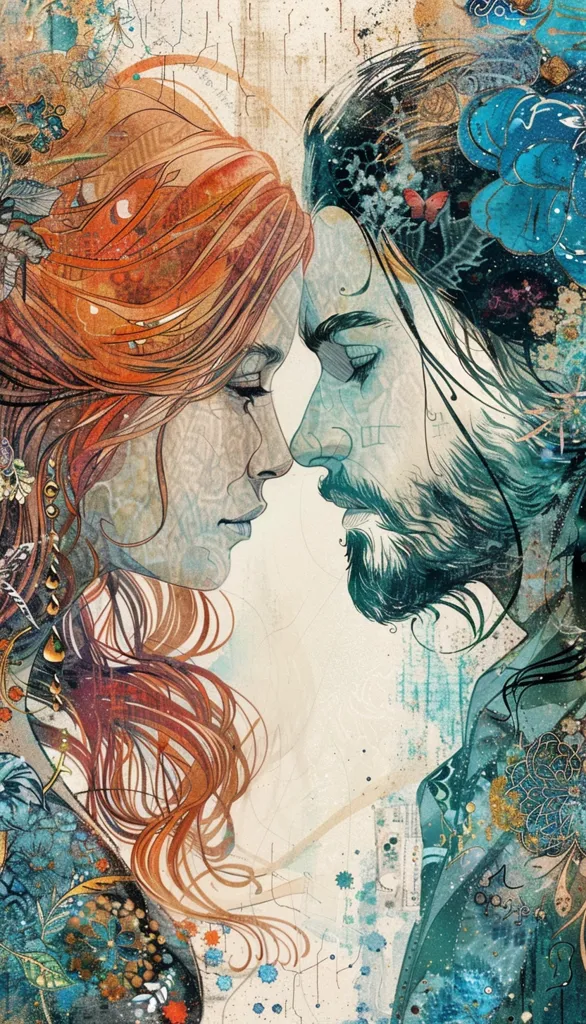 The image depicts a romantic scene between a man and a woman, drawn in a stylized, almost abstract way. The woman has long, flowing red hair and the man has dark hair and a beard. They are facing each other, their foreheads touching, as if in a deep and intimate embrace. The background is a flurry of abstract shapes and colors, suggesting a sense of passion and intensity. The overall effect is one of love and longing, captured in a bold and expressive style.