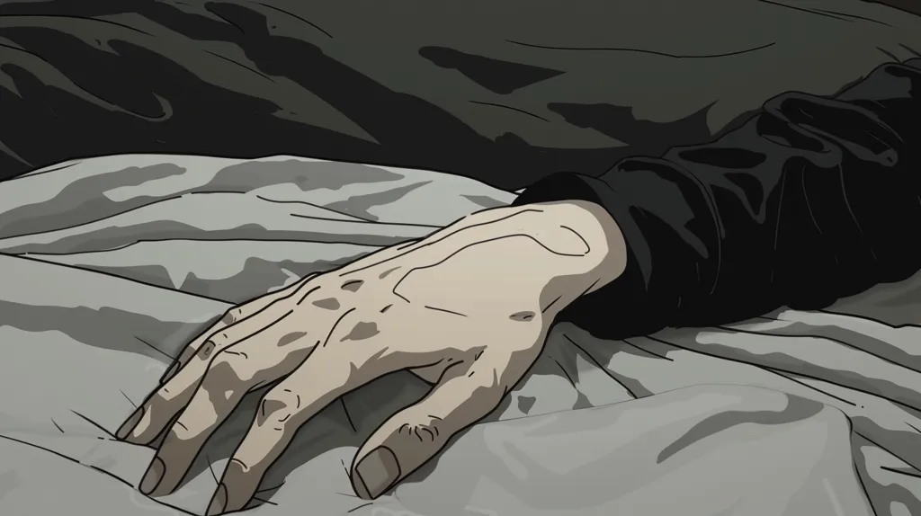 A hand with prominent veins lays on a bed, partially covered by a black sleeve. The hand is resting on a wrinkled, grey bed sheet. The image is in a dark, minimalist style, suggesting a somber or introspective tone.