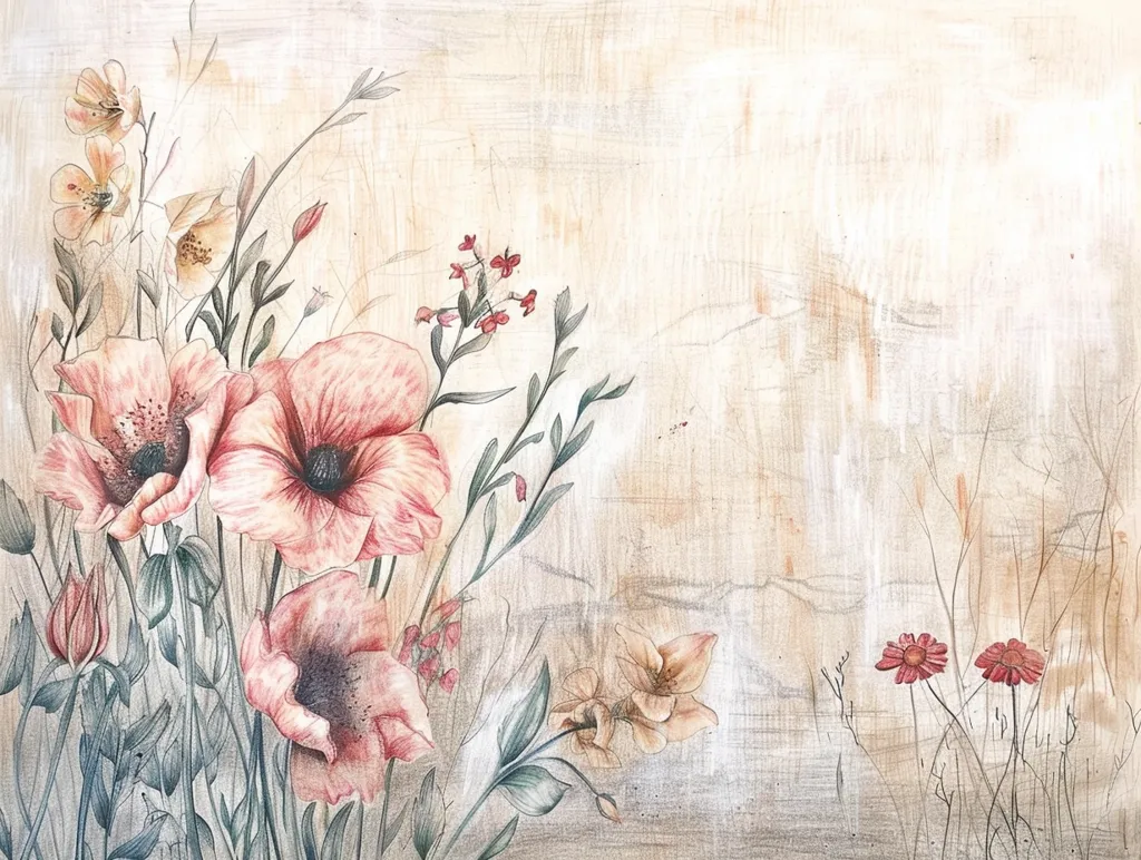 The image is a watercolor painting of a floral arrangement. The flowers are in shades of pink and red and are arranged on a background of beige.  The flowers are surrounded by green leaves and stems. The painting is in a vintage style and has a soft and dreamy feel. There are a few small red flowers on the right side of the image and the main subject is a cluster of three pink flowers in the left center. The image is a beautiful representation of nature.