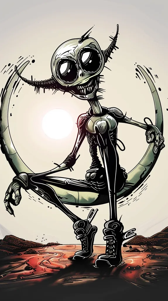 A cartoon-like alien creature with large eyes and a menacing grin sits on a crescent moon-shaped object. The alien has a skeletal, segmented body and wears shoes with laces. The creature is positioned against a light beige background with a blurry white circle in the center. The image is drawn in a graphic style with black ink lines.  The scene is set on a red-toned surface.