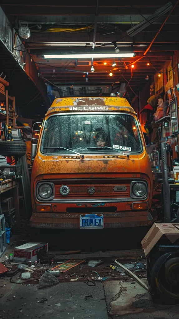 A rusty orange van is parked in a cluttered garage. The van has a faded blue license plate that reads "RONEY" and is surrounded by scattered tools and debris. The overhead lighting casts a warm glow on the scene, highlighting the dust particles in the air.  The garage is filled with boxes and other assorted items, creating a sense of disarray and work in progress.