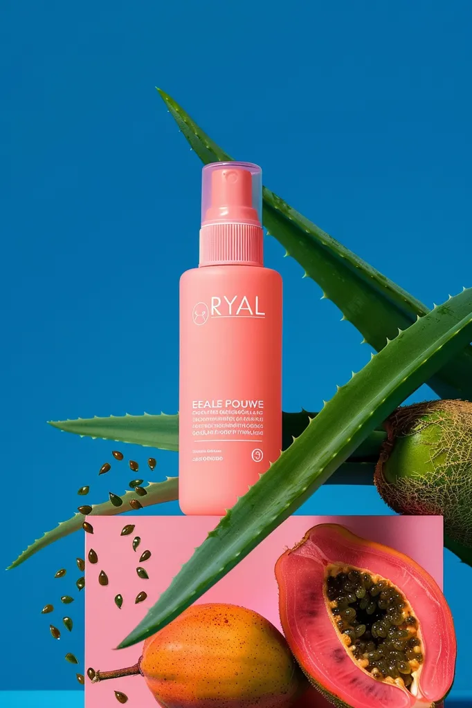 A bottle of "Ryal EeaLe Pouwe" face mist sits on a pink platform surrounded by aloe vera plants and half of a papaya. The blue background suggests a beachy, tropical theme. The product's branding is minimal and features the product name and its purpose in a simple, clean font. The overall aesthetic is light and summery.