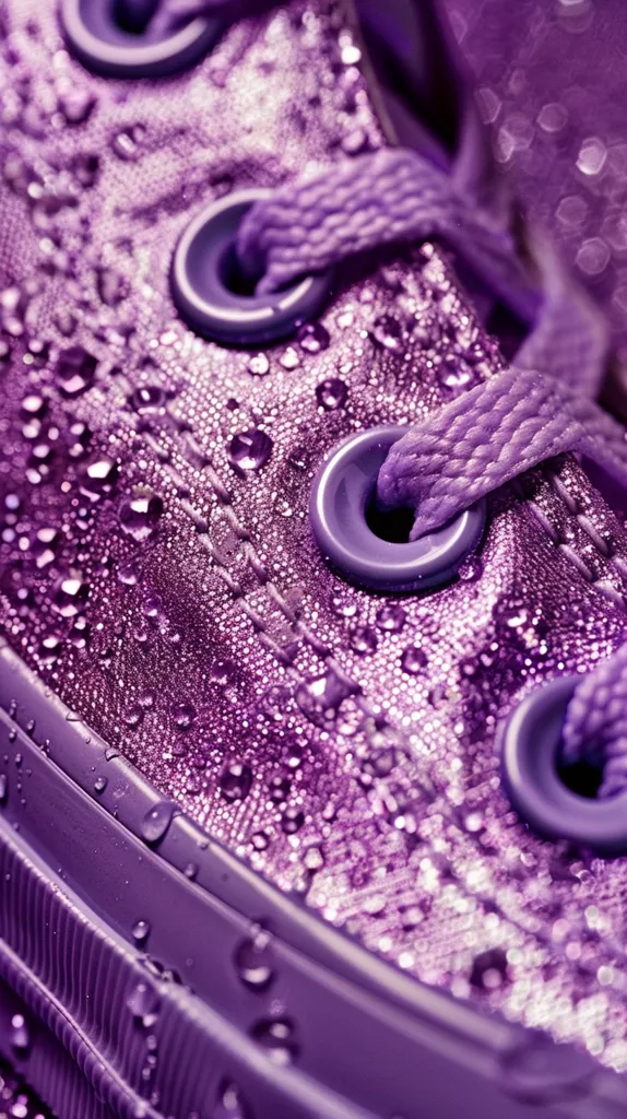 A close-up shot of a purple shoe with water droplets on it. The shoelaces are tied and the focus is on the eyelet and the fabric of the shoe. The water droplets reflect the light and make the shoe sparkle. The image is taken at a low angle, giving the viewer a close-up perspective. The image is blurry in the background.  The photo has a dreamy and ethereal quality.