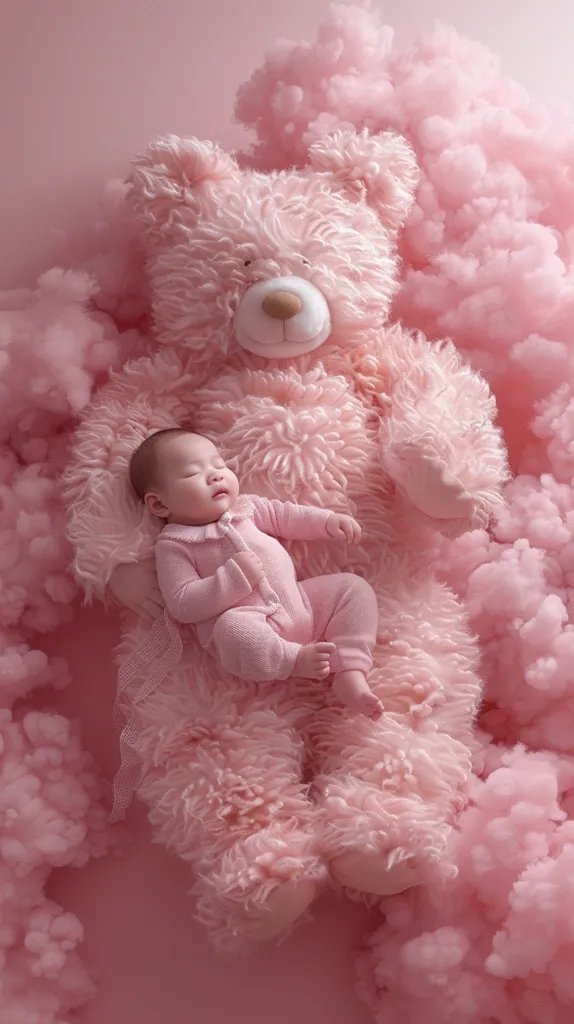 A sleeping baby in a pink onesie is nestled in the arms of a large pink teddy bear. Both are surrounded by fluffy pink clouds, creating a soft and whimsical scene. The overall feel is sweet and gentle, capturing the innocence of childhood.