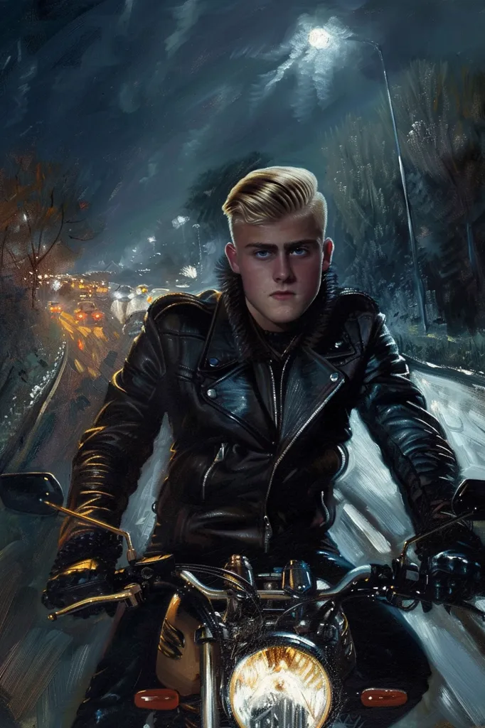 A young man with blonde hair, wearing a black leather jacket, rides a motorcycle down a dark, winding road. The scene is lit by streetlights and headlights, creating a sense of mystery and danger. The man's intense gaze and the powerful motorcycle suggest a sense of rebelliousness and freedom.