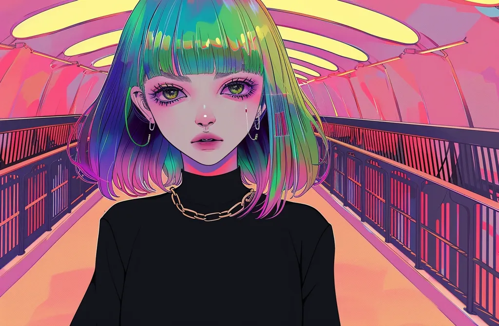 The image is an anime-style illustration of a young woman with vibrant green and purple hair. She is wearing a black turtleneck and a gold chain necklace. She is standing in a colorful, futuristic-looking hallway with a metal railing on one side. The colors in the image are bold and saturated, creating a vibrant and eye-catching scene. The woman's expression is serious, and she appears to be looking directly at the viewer.