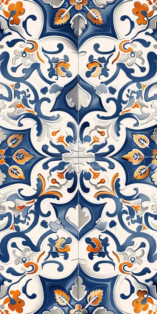 The image features a symmetrical tile pattern with intricate designs. It's dominated by a white background with a blue floral motif, accented by orange and grey elements. The design creates a sense of depth and movement, showcasing a rich and colorful aesthetic. The image is likely a close-up of a ceramic tile, hinting at a decorative or architectural context.