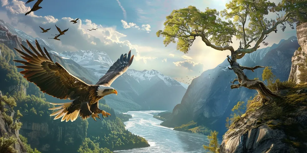 A majestic eagle soars through a breathtaking mountain landscape, its wings outstretched against a backdrop of snow-capped peaks and a winding river. A solitary tree clings precariously to the cliff face, its branches reaching out towards the sky. The scene is awash in the golden hues of a late afternoon sun, casting long shadows across the valley.  The image evokes a sense of freedom, power, and the beauty of nature.