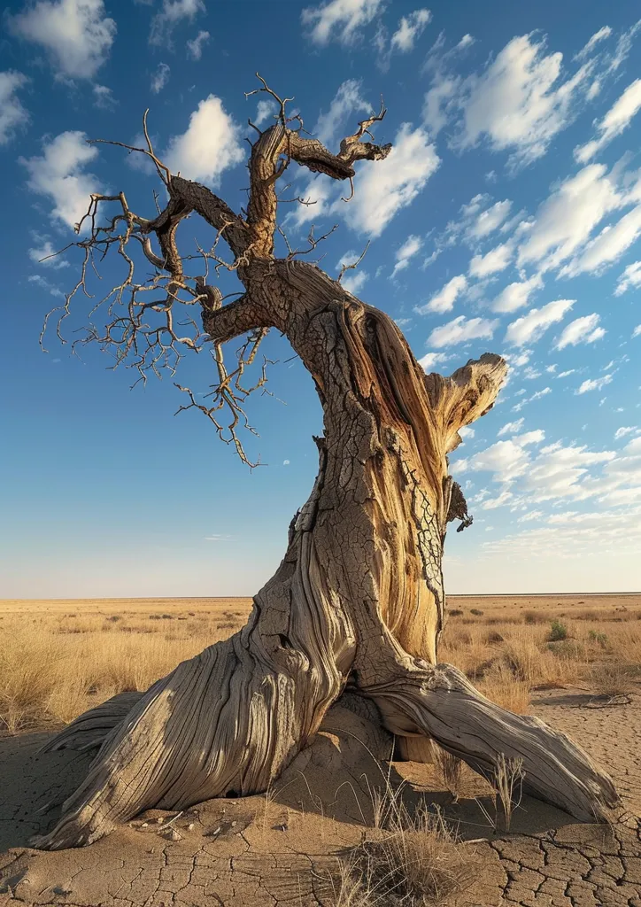 A gnarled and weathered tree trunk stands alone in a vast, dry landscape. The tree's branches are bare, reaching upwards towards a bright blue sky dotted with fluffy white clouds. The trunk is heavily textured, showcasing the passage of time and the resilience of nature. The ground is cracked and dry, hinting at the arid conditions of the environment. The lone tree stands as a symbol of strength and survival amidst the harshness of the desert.