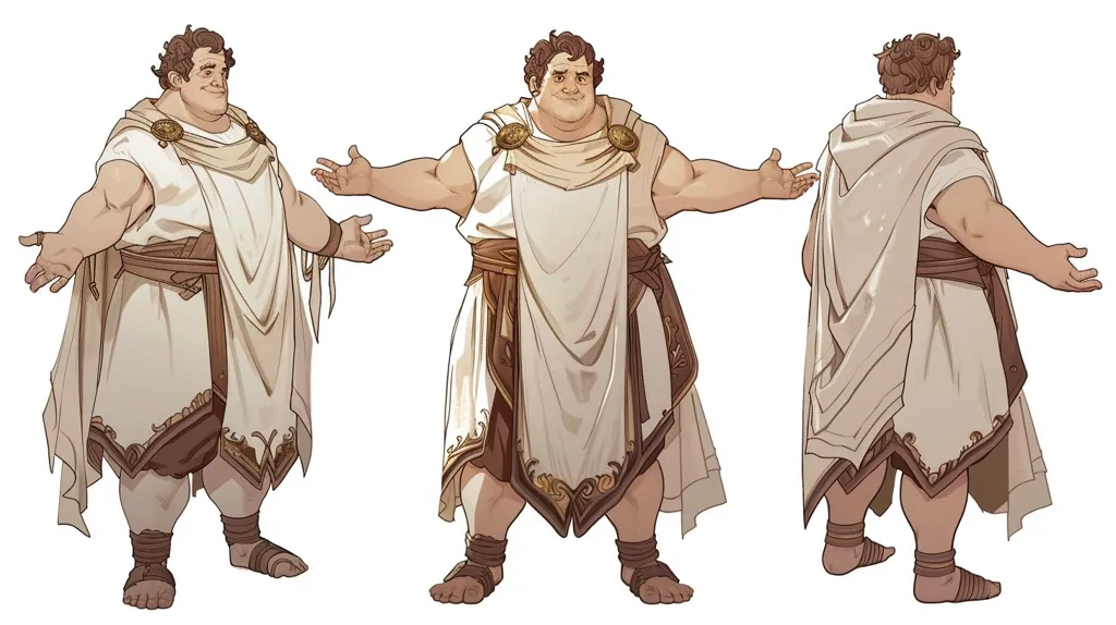 The image shows a man in three different poses. He is wearing a long white robe with a brown belt and sandals. He has short, curly brown hair and a round face. He appears to be friendly and welcoming. The man is depicted from the front, the side, and the back. The image is drawn in a cartoon style.