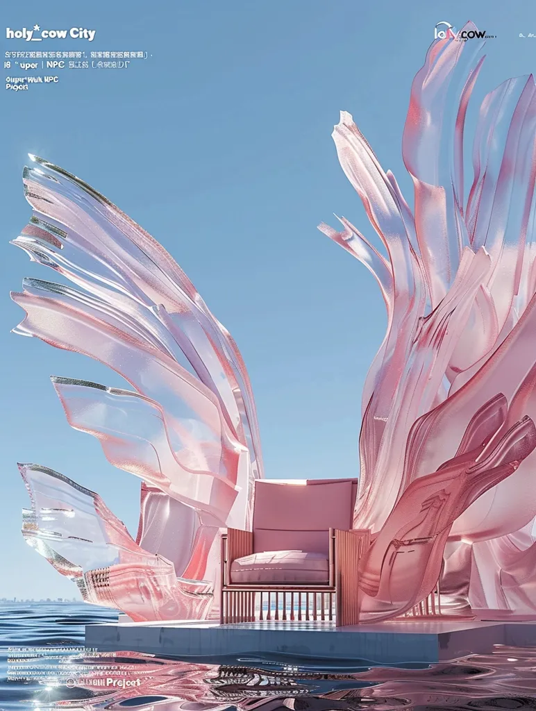 A pink, translucent, sculptural chair sits on a platform in a body of water. The chair is surrounded by abstract, flowing forms that resemble wings. The sky is a light blue and the water is reflecting the light. The image is titled "holy_cow City" and includes Chinese characters.