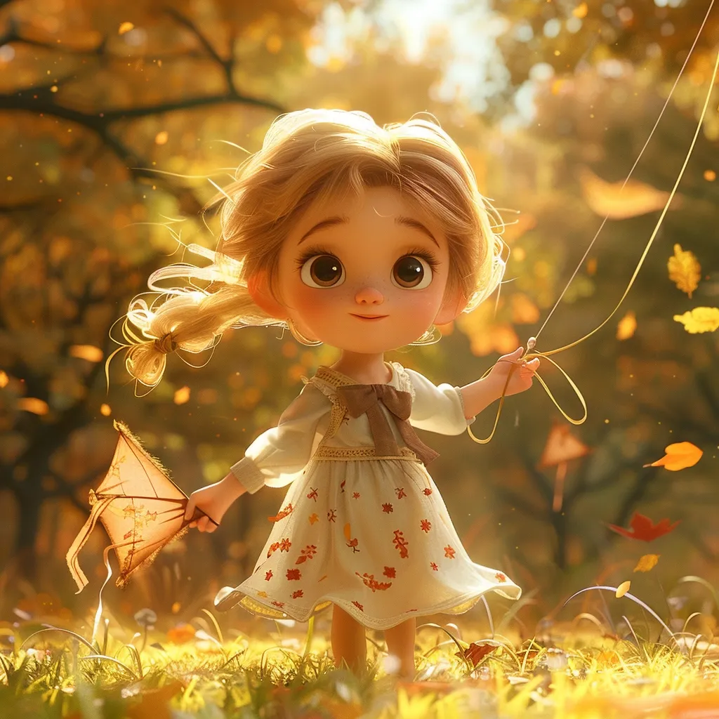 A cute cartoon girl with blonde hair and big brown eyes is standing in a field of fallen leaves. She is wearing a white dress with floral patterns and a brown bow. She is holding a string in her right hand and a small kite in her left hand. The sun is shining brightly and there is a golden glow in the air. The scene is reminiscent of a warm autumn day.