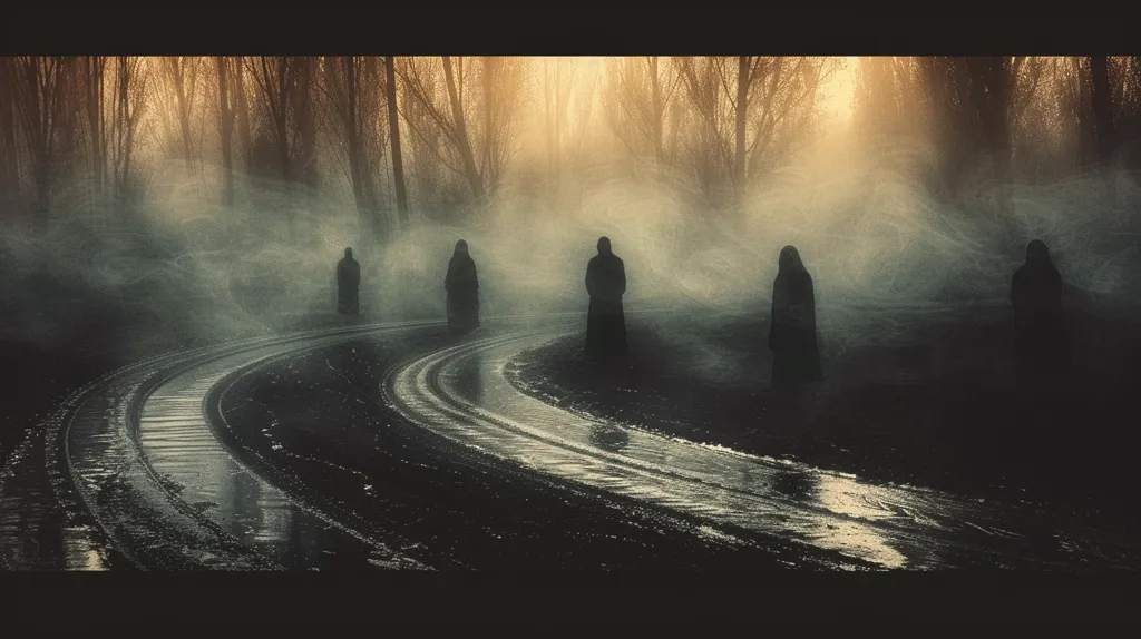 Five shadowy figures stand along a winding road in a foggy forest. The figures are all wearing long robes and are silhouetted against the light in the distance. The fog obscures the details of the forest and creates a sense of mystery and intrigue. The scene is reminiscent of a dark fantasy or horror film.  The road is wet, suggesting rain or recent snowfall.  The atmosphere is somber and haunting.
