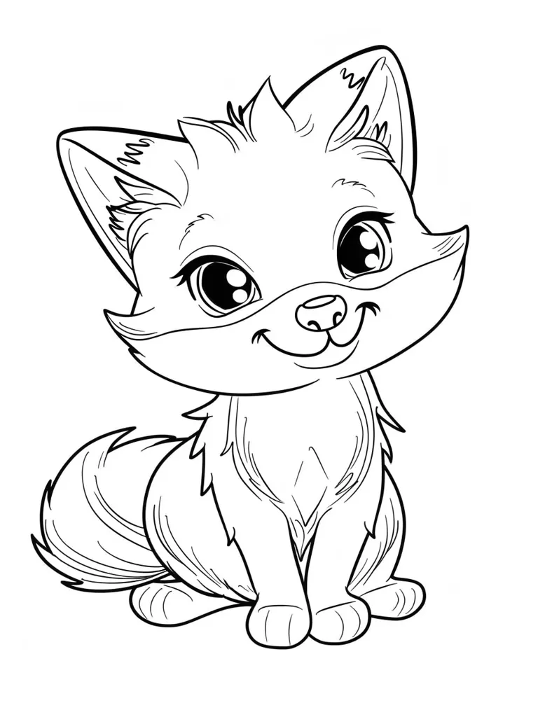 The image is a line drawing of a cartoon fox sitting with its legs crossed and its tail curled behind it. It has large eyes, a fluffy tail, and a wide, happy smile.  The drawing is detailed and has a cute, whimsical style.
