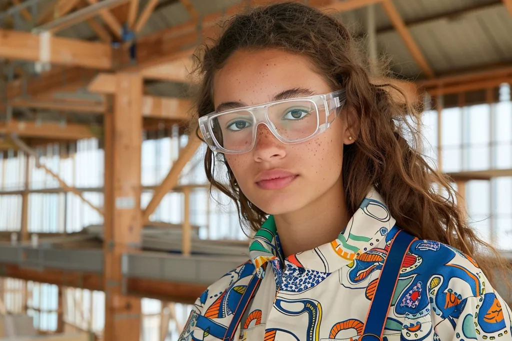 A young woman with long brown curly hair is wearing clear safety glasses and a white shirt with colorful patterns. Her skin has freckles and she is looking directly at the camera with a serious expression. The background is a blurry image of an unfinished wooden structure.