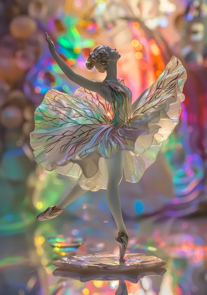 A porcelain ballerina figurine stands on a shimmering base, her white tutu adorned with iridescent details. She is poised mid-leap, her arms outstretched, against a background of colorful, blurred lights that create a dreamy atmosphere. The figurine's delicate features and graceful posture capture the beauty and artistry of ballet.