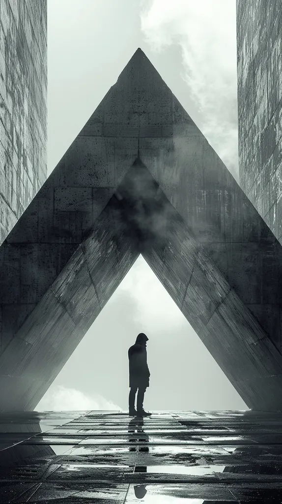 A solitary figure stands in the center of a large, triangular space formed by two towering concrete structures. The stark monochrome image emphasizes the vast emptiness of the space, with only the figure's silhouette and the reflection of the structure in the wet floor disrupting the silence. The overall effect is one of isolation and contemplation.