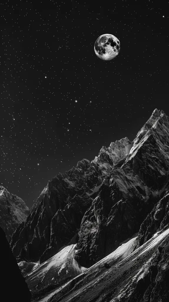 A black and white image of a mountainous landscape under a dark, starry night sky. A full moon hangs high in the sky, casting a soft glow on the snow-covered peaks. The rugged terrain of the mountains is emphasized by the lack of color, creating a stark and dramatic scene. The image evokes a sense of peace and solitude, as if the viewer is standing alone in a vast and untamed wilderness.