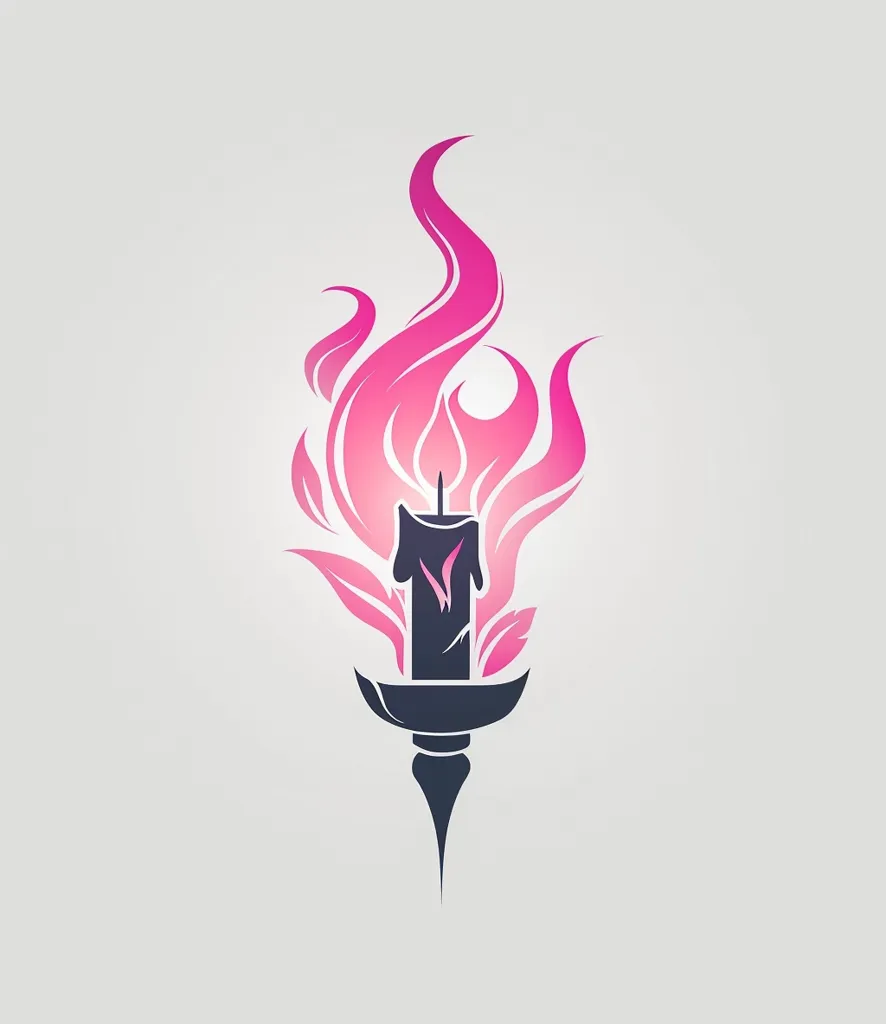 The image is a stylized illustration of a candle on a candlestick. The candle is black, and the flame is pink and flowing. The image is simple but elegant. It is set against a white background, which makes the colors pop.