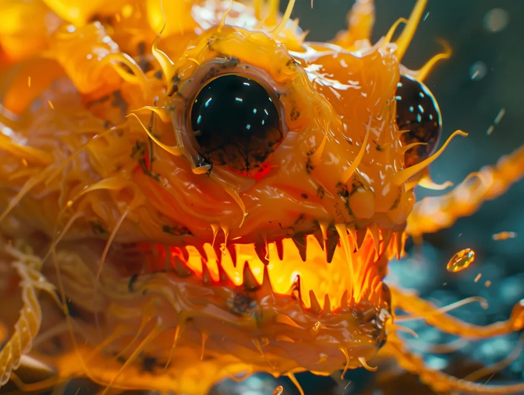The image is a close-up of a creature with a bright orange, almost liquid-like, body. It has large, round black eyes and a wide, toothy mouth with glowing red teeth. The creature's body is covered in spiky, tendril-like appendages that appear to be made of the same substance as its body. The creature's mouth is agape, revealing its sharp teeth, giving it a menacing and grotesque appearance. The image is likely a digital rendering or a still from a film, as the creature's appearance is highly stylized and unrealistic.