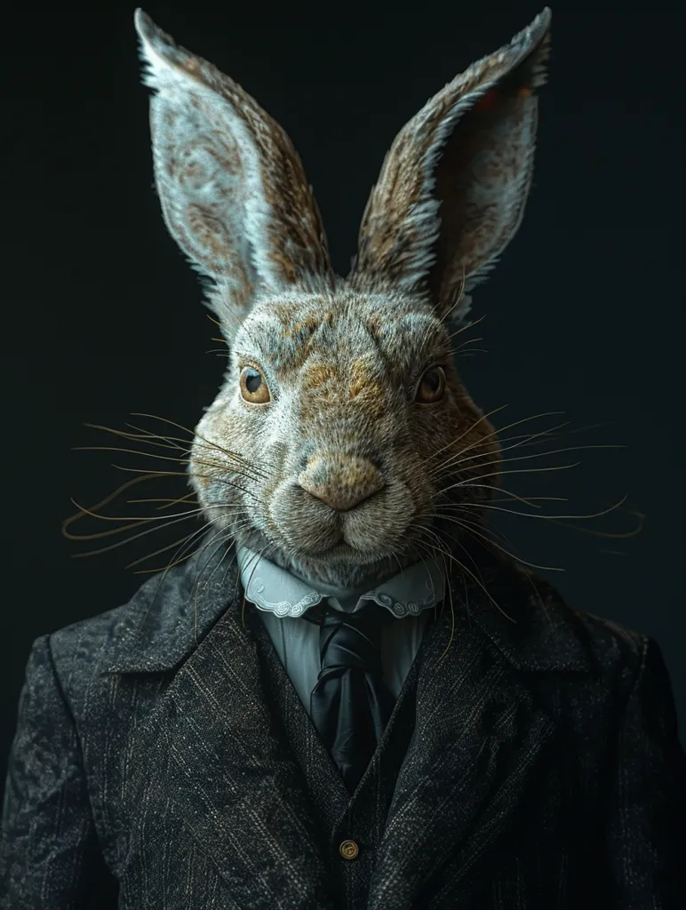 A rabbit, wearing a dark suit, white shirt and a black tie, stares directly at the viewer. The rabbit's fur is a mix of brown and grey. The background is a dark, almost black, colour. The rabbit's ears are long and fluffy. The image is a humorous anthropomorphic portrait of a rabbit.
