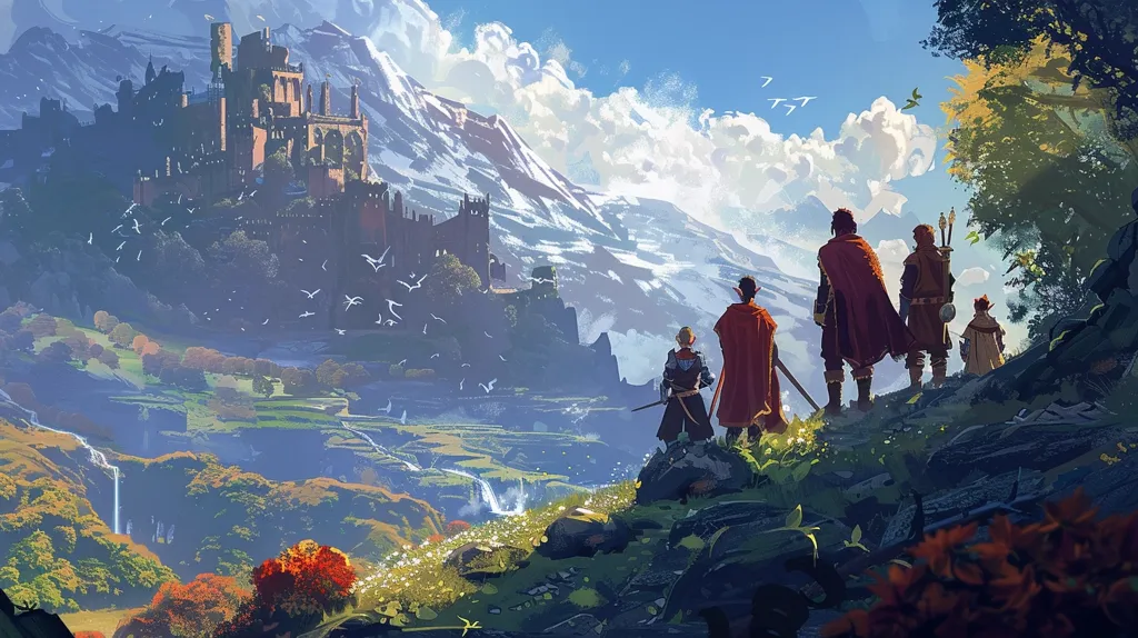 A group of adventurers stand on a grassy hill, gazing at a majestic castle nestled in the mountains. They are dressed in armor and cloaks, their faces determined. The castle is perched atop a snow-capped peak, surrounded by a sprawling landscape of waterfalls, forests, and rolling hills. The scene is painted in vibrant colors, with a clear blue sky dotted with white clouds. It evokes a sense of adventure and wonder, hinting at the epic journey that lies ahead.