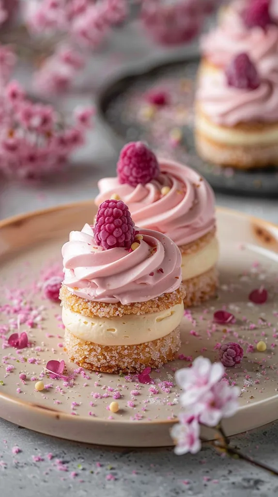 Two delicate pink and white layered cakes with raspberry toppings are presented on a beige plate with a bed of pink sprinkles and blossom petals. A third cake, partially visible, sits behind. The scene is adorned with out-of-focus pink blossoms. The image evokes a sense of sweetness and elegance.