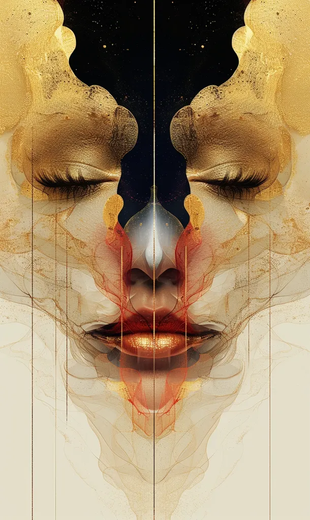 The image is an abstract portrait of a woman with a golden face. The face is split down the middle, creating a mirror image. The woman's eyes are closed, and her lips are painted a bright red. The background is a swirling mix of gold and black, giving the image a dreamlike quality. The artist has used a variety of textures and techniques to create a unique and captivating portrait.