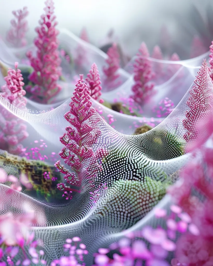 Delicate pink flowers bloom in a field, enveloped in a shimmering, white, net-like structure. The net appears to be made of thousands of tiny, iridescent dots, casting a magical glow on the floral scene. The blurred background suggests a dreamy, ethereal ambiance. The overall image evokes a sense of wonder and delicate beauty.